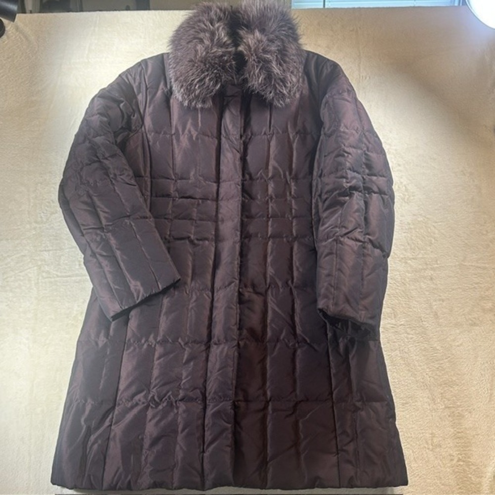 1 Madison Womens Plum Down Puffer Coat Fox Fur Trim Collar Quilted Jacket Med